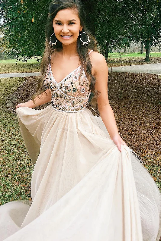 tiered dressStraps Beaded Long Champagne Prom Dress