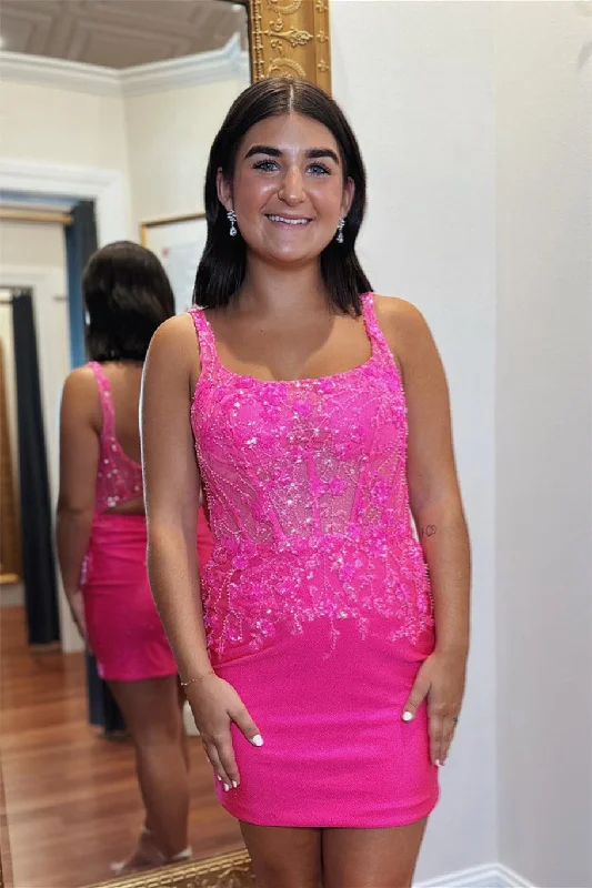 minimalistic dressHot Pink Sheath Satin Sequined Embroidery Homecoming Dress