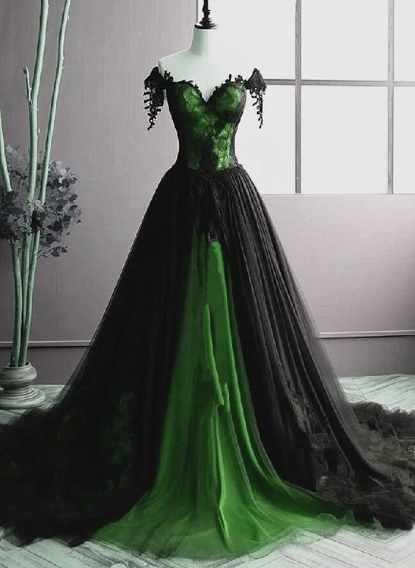 summer dressUnique Off The Shoulder Green A-line Sweetheart Tulle Long Party Dress, Evening Dress Y7795