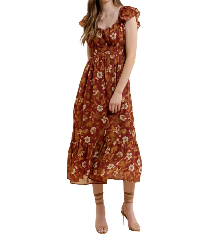 ashionable dressFall Floral Dress In Dark Red