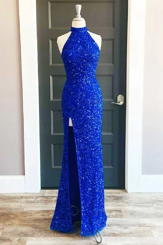 tiered dressBlue Sequin Halter Long Formal Dress with Slit