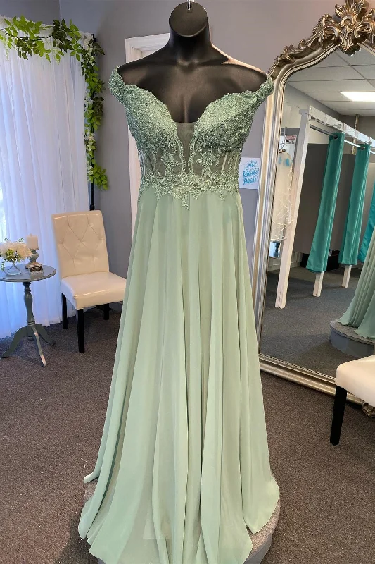 satin dressDusty Sage Off-the-Shoulder Appliques A-line Chiffon Long Prom Dress