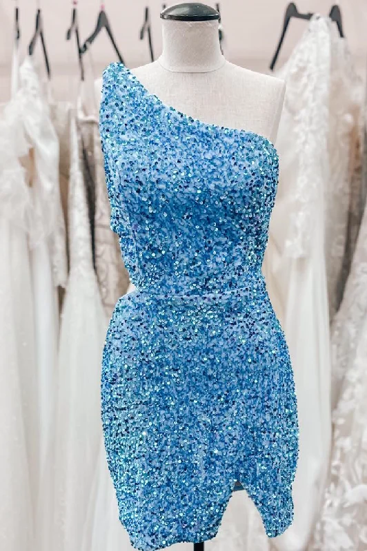 statement dressSky Blue One Shoulder Sequins Sheath Cut-Out Homecoming Dress