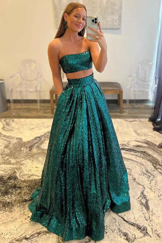 oversized dressSexy Two Piece Green Sequins A-line Long Formal Gown