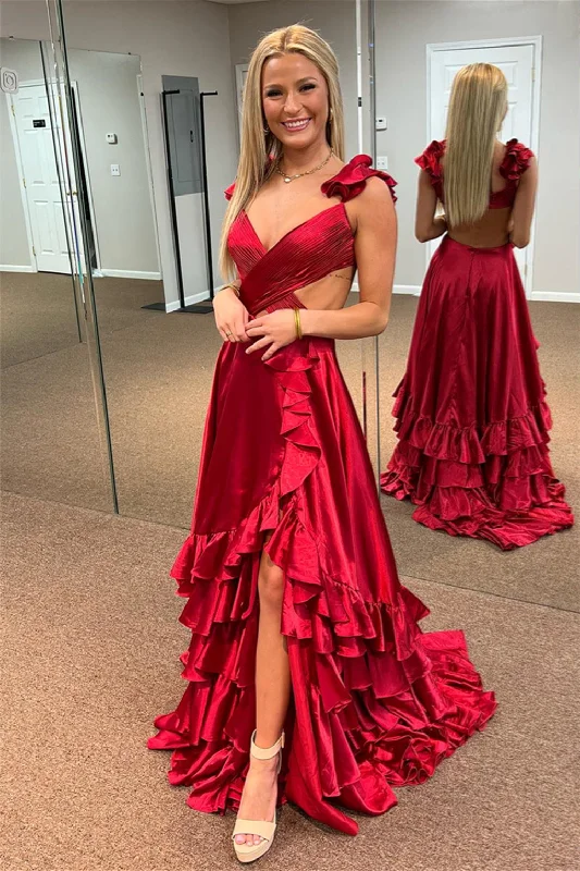 floral dressRed Ruffled Crossed Top Hi-Low Layers Long Prom Dress