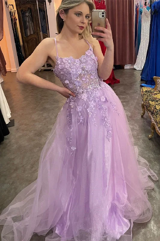 sleek midi dressLilac Appliques Straps A-line Long Prom Dress