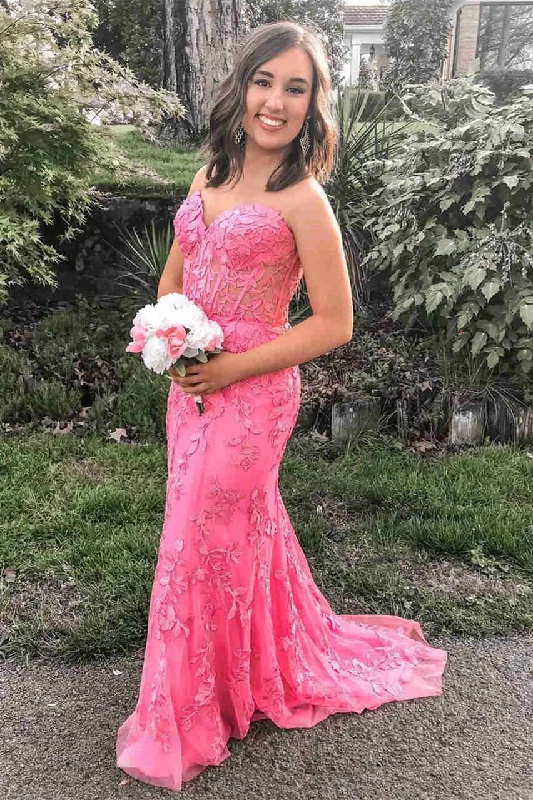 modern dressSweetheart Hot Pink Lace Appliques Prom Dress