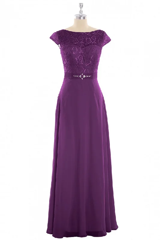 high-waisted dressElegant Purple Lace Cap Sleeve A-Line Long Bridesmaid Dress