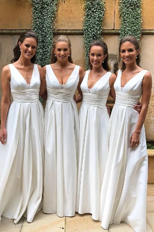 casual summer dressV-Neck Empire Ivory Bridesmaid Dress with Pleated Belt