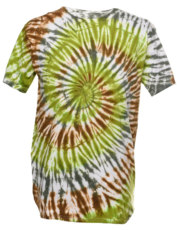 Green, Brown & White Tie Dye T-Shirt - M