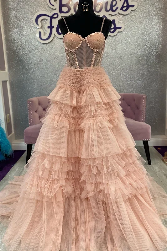 minimalistic dressBlushing Pink Tulle Ruffle Layers Lace-Up Back A-Line Prom Dress