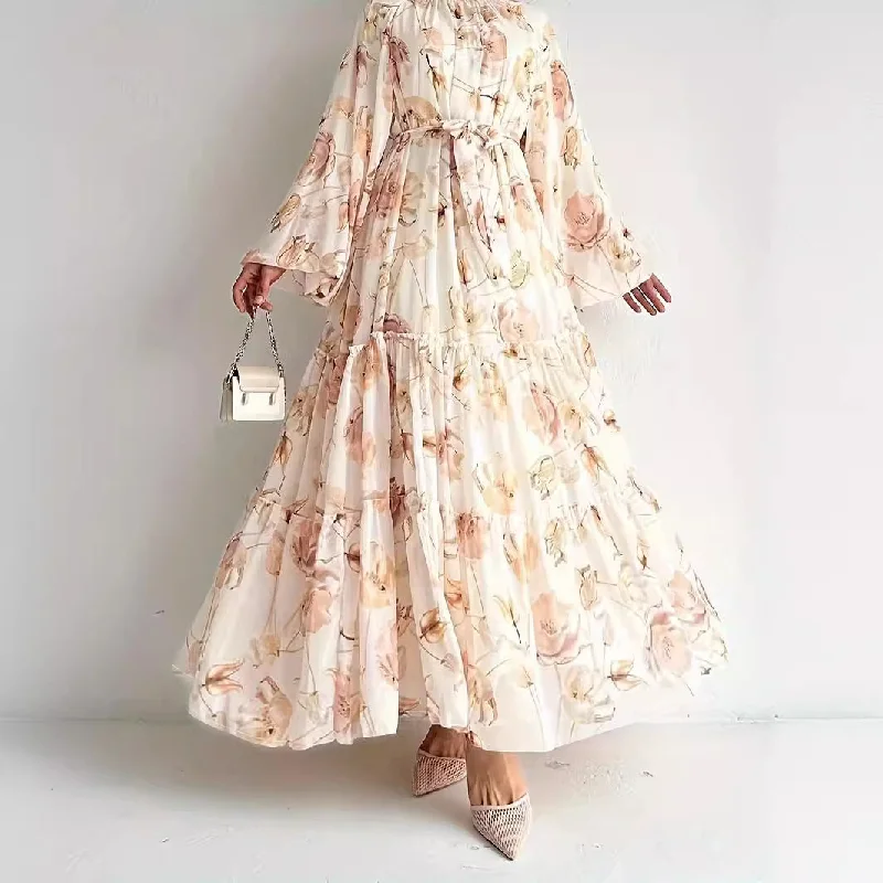 sophisticated dressMiddle East Chiffon Flower Print Long Fashion Elegant Dress