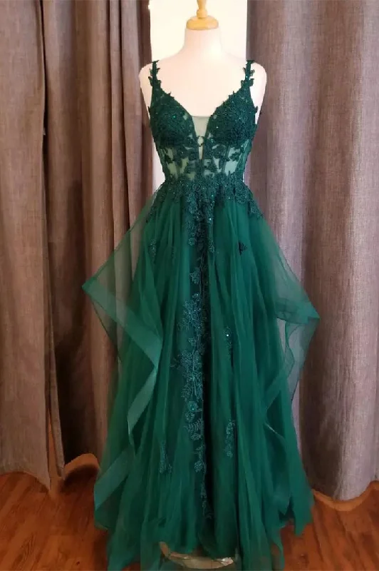 casual summer dressHunter Green Flower Straps Deep V Neck Appliques Ruffles Long Prom Dress