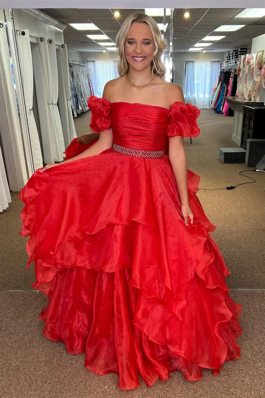 stylish party dressRed Off-the-Shoulder Layers Beaded Tulle Long Prom Dress