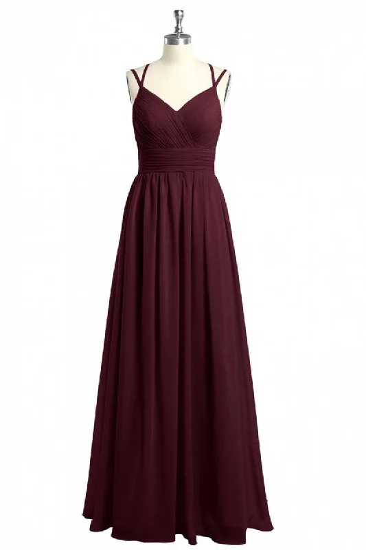 lace-up dressBurgundy Chiffon Spaghetti Straps A-line Long Bridesmaid Dress