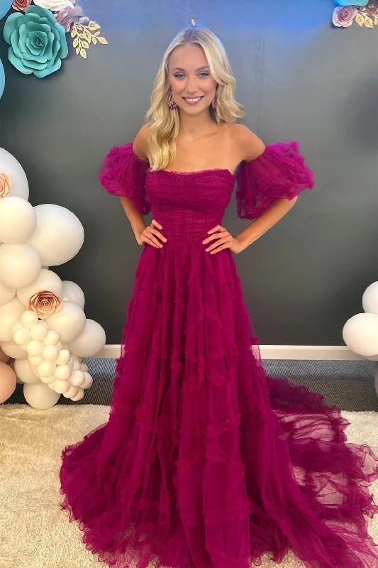 fitted dressFuchsia Strapless Tulle A-line Ruffles Long Prom Dress