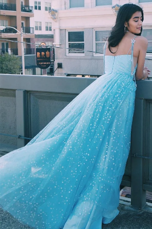 chic shift dressElegant A-Line Straps Light Blue Long Prom Dress with Stars