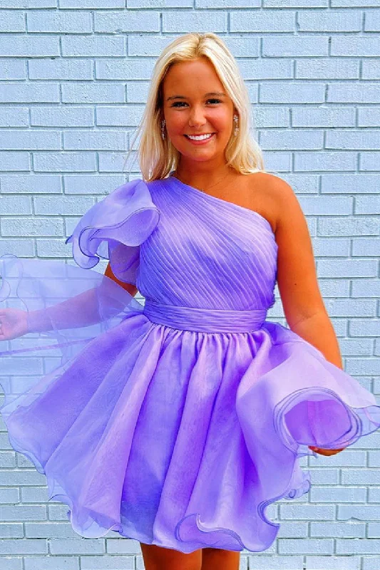 printed dressLavender One Shoulder Ruffled A-line Tulle Homecoming Dress