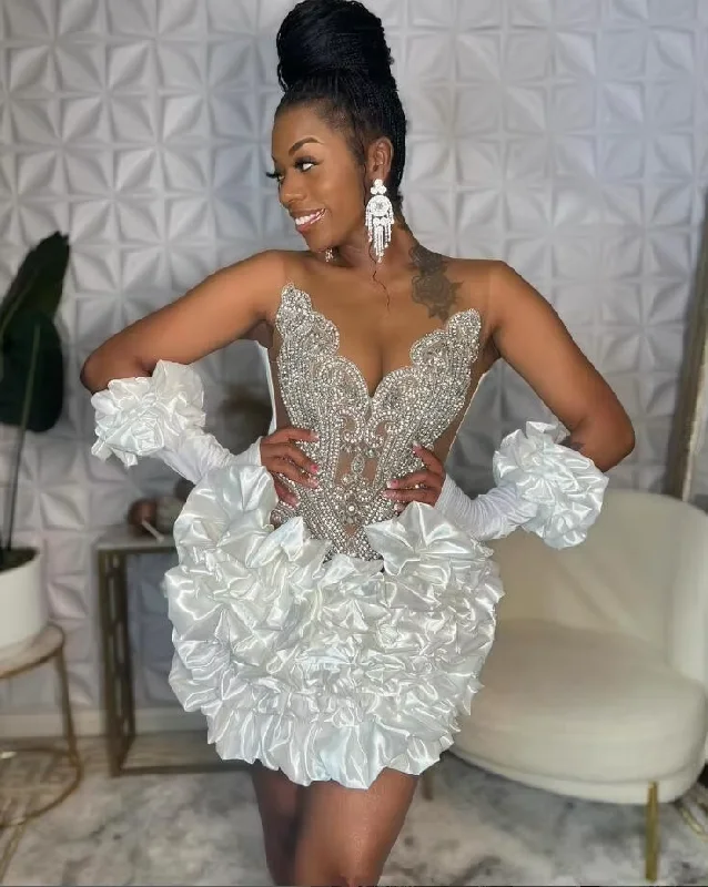 wrap dressLittle White Dress Sparkly Short Prom Homecoming Dresses for Black Girl Luxury Diamond Crystal Birthfay Gala Gown with gloves