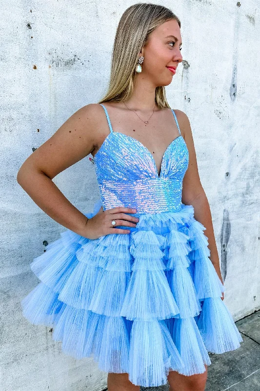 sleeveless dressSky Blue V Neck Sequins Top A-line Multi-Layers Homecoming Dress