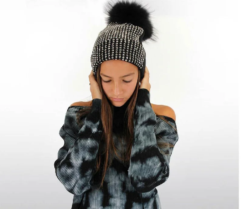 trendy dressManiere Studded Beanie With Fur Pom-Pom