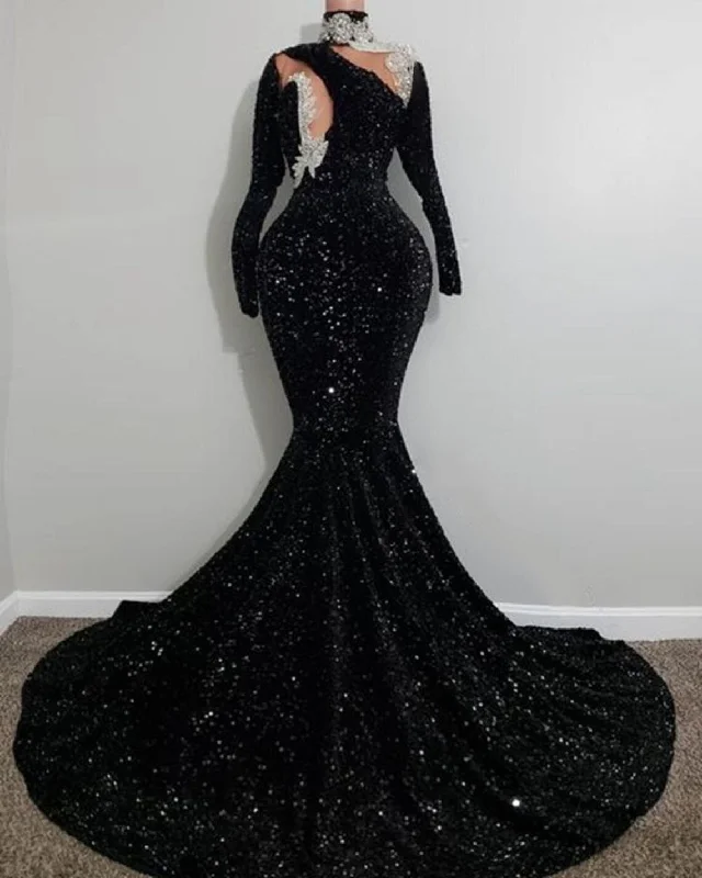 chic wrap dressBlack velvet seqins dress,Mermaid dress,Long Reception dress, Long sleeve Prom dress, Black girl dress,Wedding dress,V neck dress,Free shipp