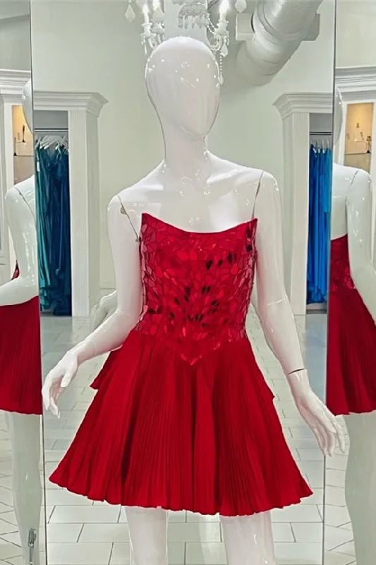 minimalistic dressRed Strapless Mirror-Cut Sequins Top A-line Homecoming Dress