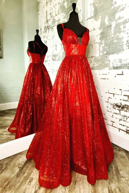 elegant maxi dressA-Line Red Sequin Lace-Up Long Prom Dress