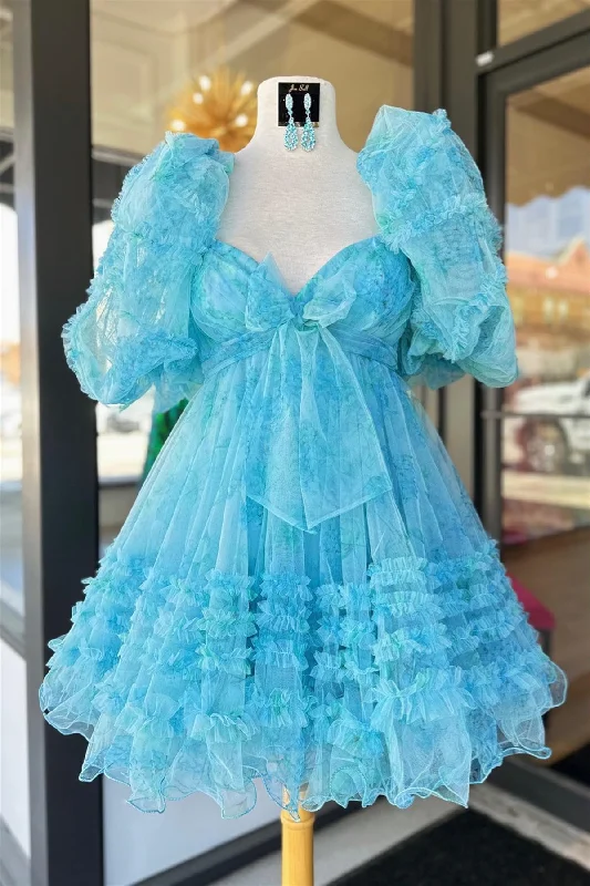 formal dressBlue Puff Sleeves Ruffles Babydoll Homecoming Dress with Bow