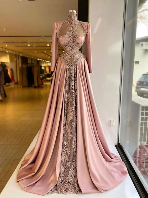 floral dressHigh Neck Pink Evening Dresses Long Sleeve Lace Appliqued A Line Beaded Formal Prom Gowns Custom Made Plus Size Pageant Wear