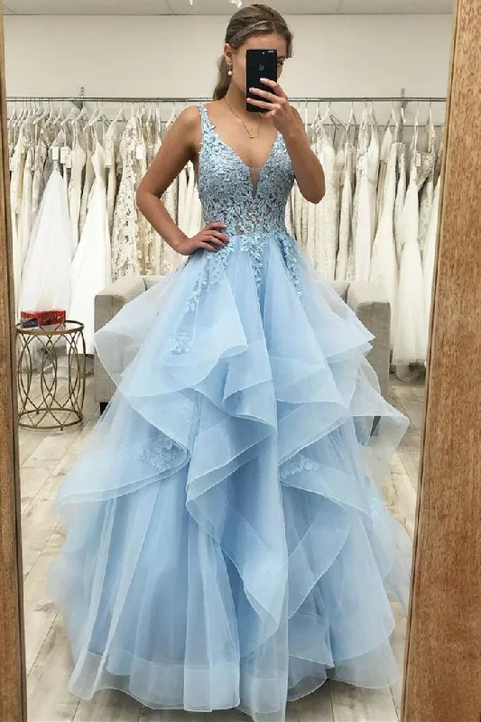 luxury dressPrincess Blue A-line Ruffles Long Prom Dress