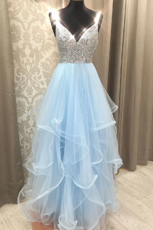 chic dressGorgeous V Neck Light Blue Beaded Long Prom Dress