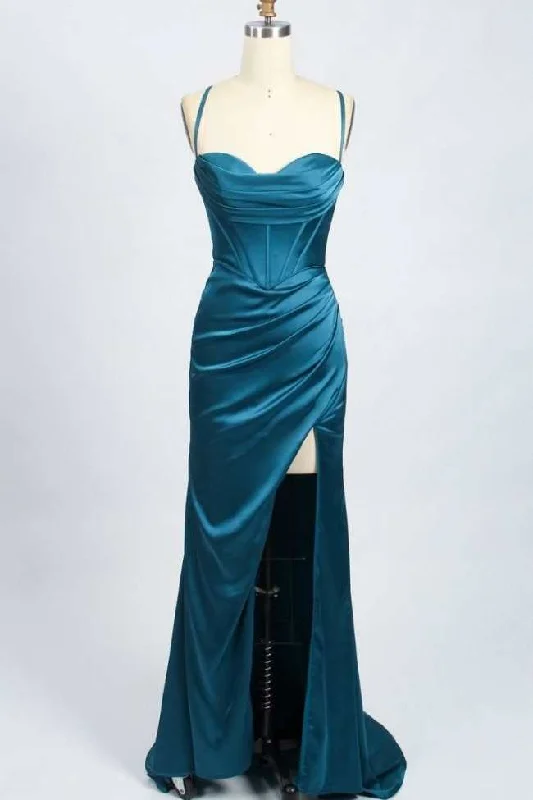 t-shirt dressTeal Blue Cowl Neck Mermaid Long Prom Dress with Slit