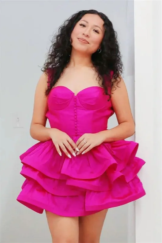 chic wrap dressFuchsia A-line Ruffle-Layers Satin Homecoming Dress