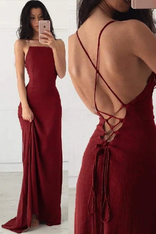 denim dressSexy Spaghetti Straps Burgundy Formal Prom Dress Backless Evening Dress Y7769