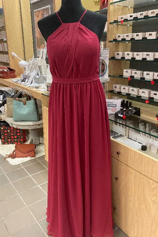 elegant evening dressRed Chiffon Halter Backless A-Line Long Bridesmaid Dress