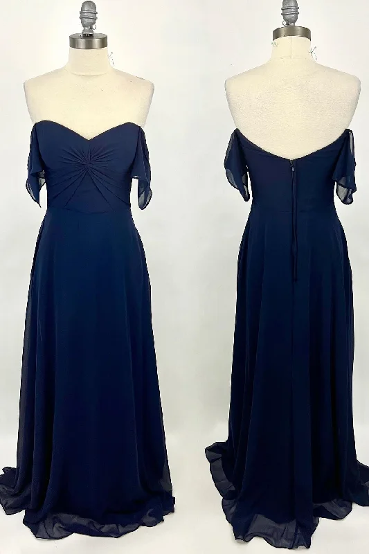 one-shoulder dressKnot Off the Shoulder Navy Blue Chiffon Long Bridesmaid Dress