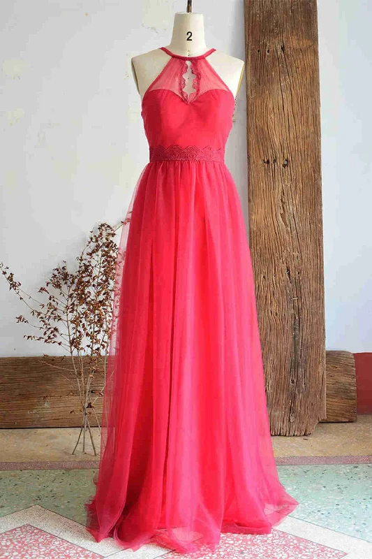 one-shoulder dressA-Line Halter Hot Pink Long Bridesmaid Dress