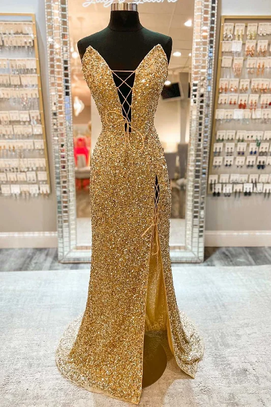 chic shift dressSexy Gold Sequin Strapless Lace-Up Front Mermaid Long Dress with Slit