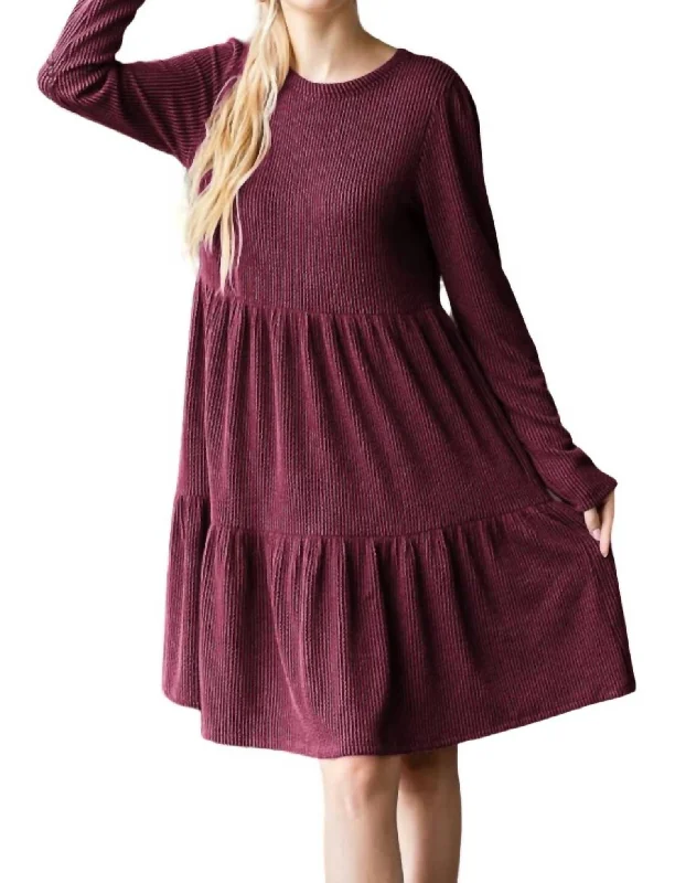 cocktail dressSolid Urban Ribbed Tiered Mini Dress In Burgundy