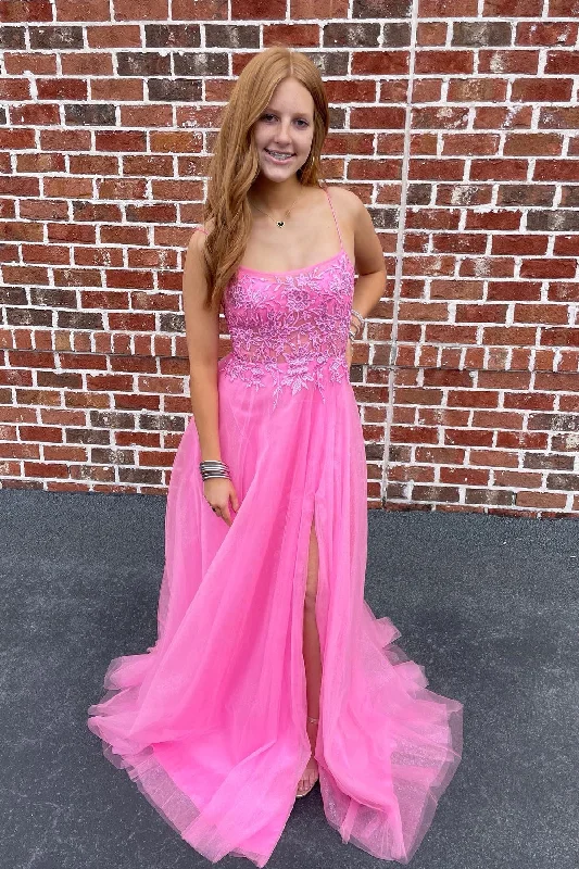 summer floral dressPink Scoop Neck Appliques Lace-Up Back Tulle Long Prom Dress with Slit