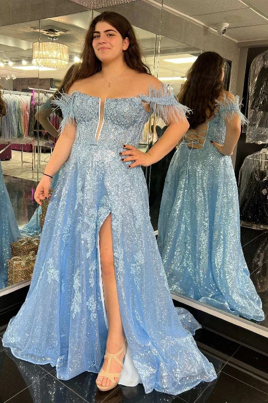 classic fit-and-flare dressOff-the-Shoulder Blue Sequin Feather A-Line Prom Dress with Slit