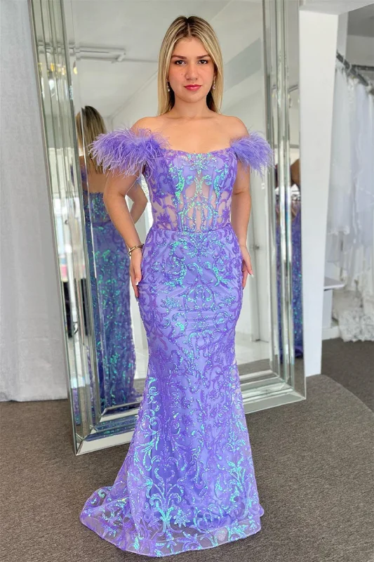 stylish dressLavender Off-the-Shoulder Mermaid Sequined Long Prom Dress with Feathers