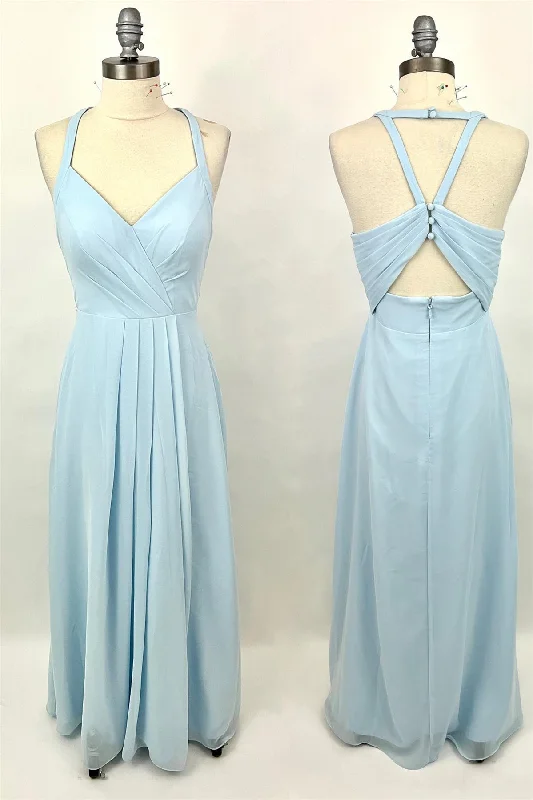 ashionable dressHalter Light Blue Chiffon A-line Long Bridesmaid Dress