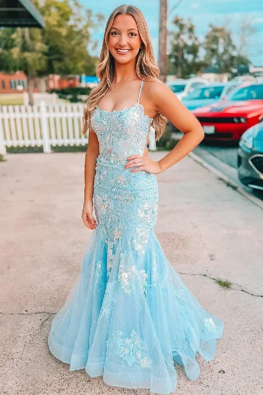 oversized dressLight Blue Appliques Straps Lace-Up Mermaid Long Formal Dress