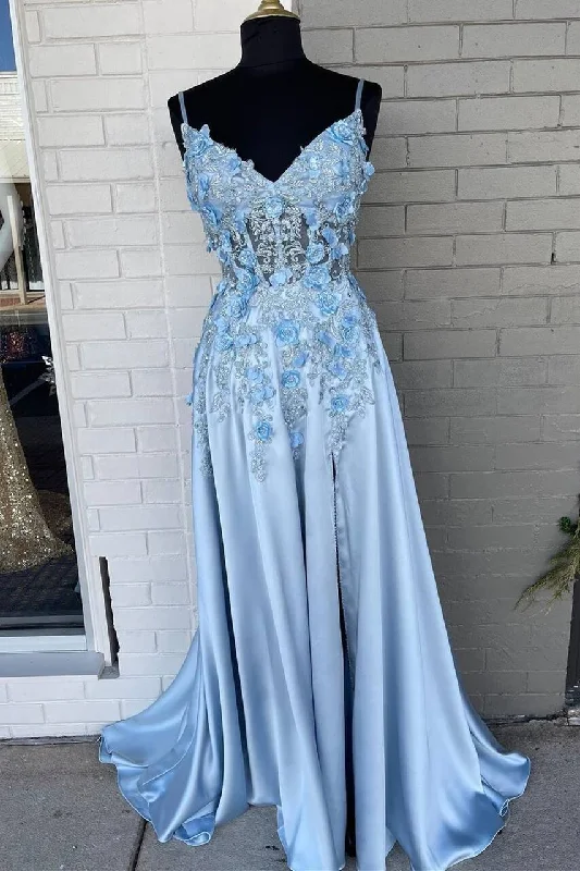 spaghetti strap dressLight Blue A-line 3D Flowers Satin Long Prom Dress