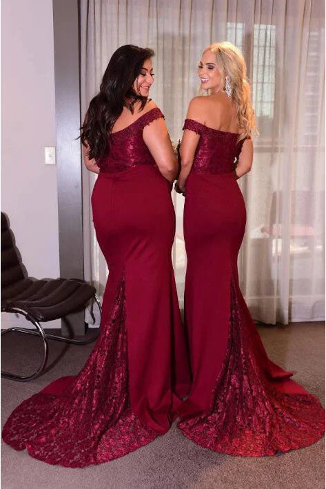 lace dressElegant Mermaid Off Shoulder Burgundy Long Bridesmaid Dress