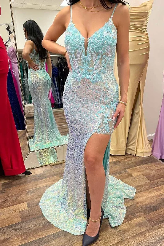 ashionable dressLight Blue Iridescent Sequin Floral Lace Mermaid Long Prom Dress with Slit