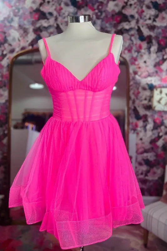 summer dressHot Pink V Neck Straps Tulle Homecoming Dress