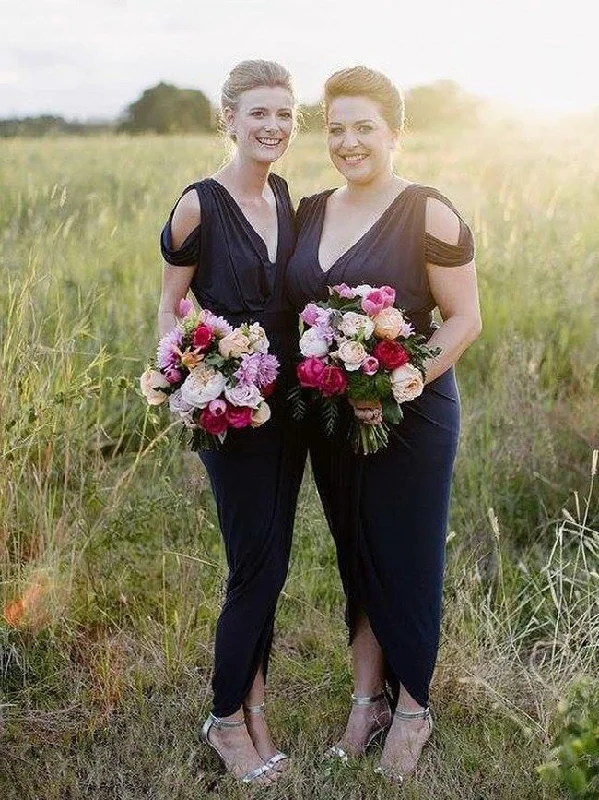 midi dressV Neck Navy Blue Tea Length Bridesmaid Dress